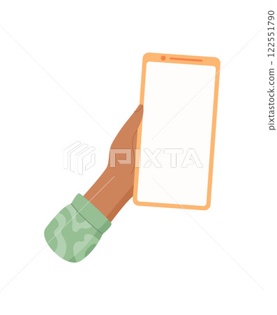 A hand holds a smartphone with a blank template screen. The user interacts with the mobile device using gesture. The mobile phone illustrates placeholder app, ideal for showcasing concepts, 122551790