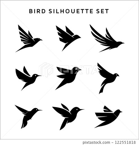 Set of flying birds sign logo vector silhouettes isolated on white. Set of flying birds sign logo vector silhouettes isolated on white. 122551818