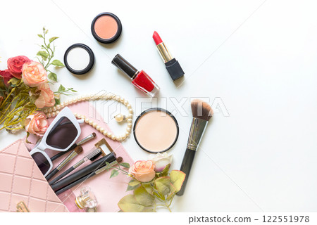 Valentine Gift. Makeup cosmetics tools background and beauty cosmetics Valentine Gift. Makeup cosmetics tools background and beauty cosmetics 122551978