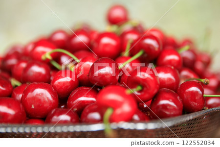 Fresh red cherry fruits in a container Fresh red cherry fruits in a container 122552034