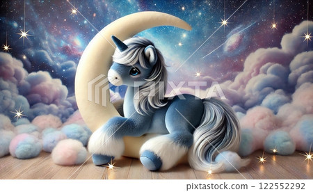 一隻獨角獸依偎在夢幻般的新月和星空下 一隻獨角獸依偎在夢幻般的新月和星空下 122552292