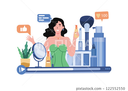 Cute Woman Vlogger Making Video, Cosmetics Review For Beauty Blog Cute Woman Vlogger Making Video, Cosmetics Review For Beauty Blog 122552550