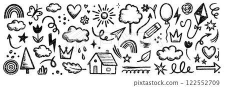 Kid crayon chalk line cloud, flower children sticker set. Hand drawn crayon doodle sketch childish cute element set. Chalk star, heart, flower color cute element background. Vector 122552709