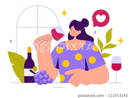 Wine Tasting Illustration featuring People Holding Wine Glasses with Bottles and Grapes for Tasting, Drinking, Swirling, and Savoring the Aroma 122553242