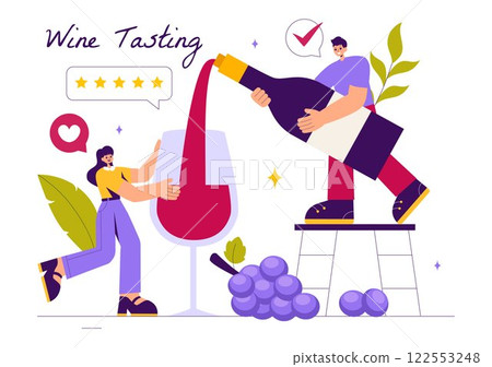 Wine Tasting Illustration featuring People Holding Wine Glasses with Bottles and Grapes for Tasting, Drinking, Swirling, and Savoring the Aroma 122553248