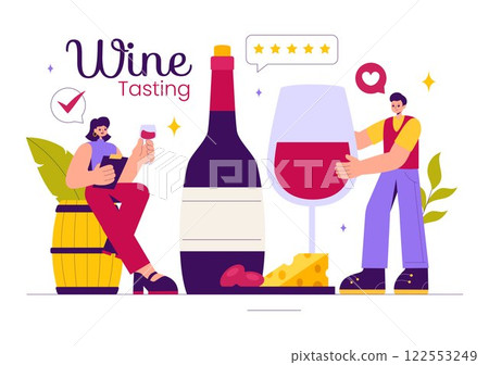 Wine Tasting Illustration featuring People Holding Wine Glasses with Bottles and Grapes for Tasting, Drinking, Swirling, and Savoring the Aroma Wine Tasting Illustration featuring People Holding Wine Glasses with Bottles and Grapes for Tasting, Drinking, Swirling, and Savoring the Aroma 122553249