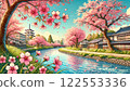 Cherry blossoms blooming on the river and in the castle town 122553336