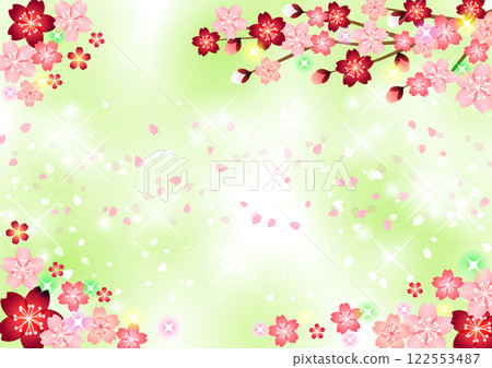 Cherry blossom background in the four corners, petals, spring, cute, illustration, green 122553487