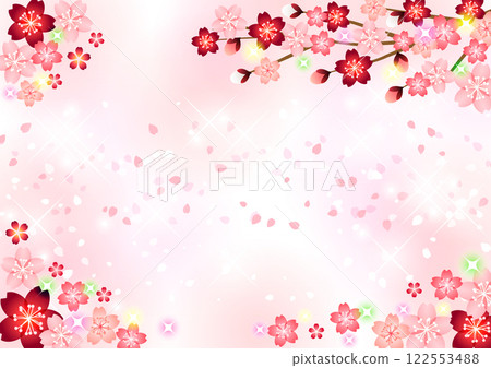 Cherry blossom background in the four corners, petals, spring, cute, illustration, pink 122553488
