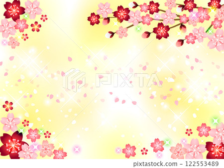 Cherry blossom background in the four corners, petals, spring, cute, illustration, yellow Cherry blossom background in the four corners, petals, spring, cute, illustration, yellow 122553489