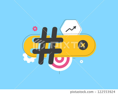 Hashtag marketing boosts viral campaigns and social media success. Strategic hashtag marketing tracking helps analyze trends, optimize SMM strategies, improve engagement. Isolated vector illustration 122553924