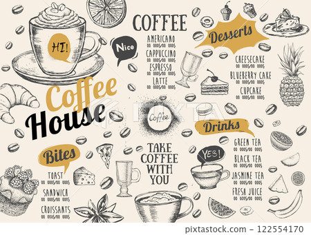 Coffee house menu. Restaurant cafe menu, template design. Food flyer. Coffee house menu. Restaurant cafe menu, template design. Food flyer. 122554170