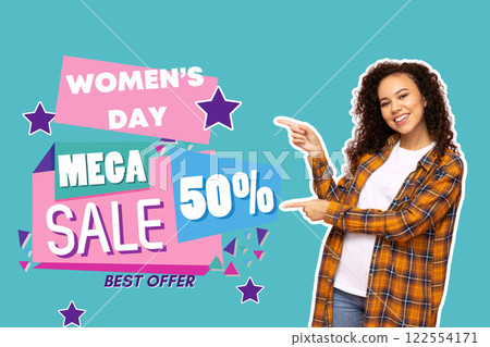8 March, international women's day, happy woman in a plaid shirt on a turquoise background, with text 8 March, international women's day, happy woman in a plaid shirt on a turquoise background, with text 122554171