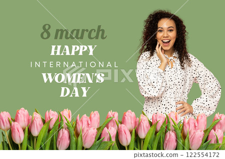 8 March, international women's day, happy woman and pink tulips on green background, with text 8 March, international women's day, happy woman and pink tulips on green background, with text 122554172