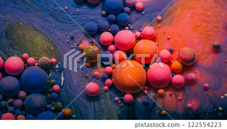 Acryl bubble. Art fluid. Paint violet pink orange spilling pigment. Mystic acid surface emulsion exploding ingredient abstract background. 122554223
