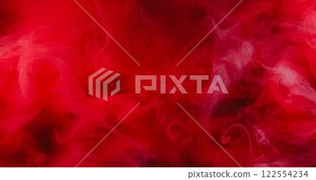 Red smoke. Abstract background. Blur bright color paint water explosion fume flow floating shimmering glitter particles art texture. 122554234