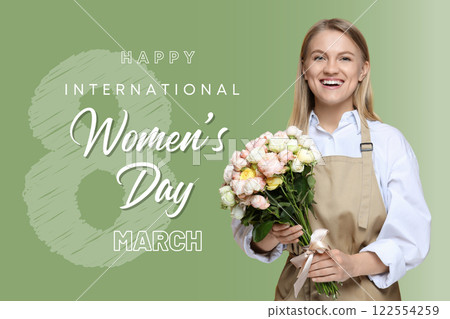 8 March, international women's day, happy woman with a bouquet in her hands on a green background, with text 122554259