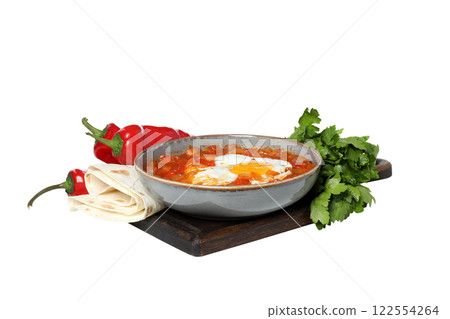 PNG, Shakshuka in a bowl on a wooden board, isolated on white background PNG, Shakshuka in a bowl on a wooden board, isolated on white background 122554264