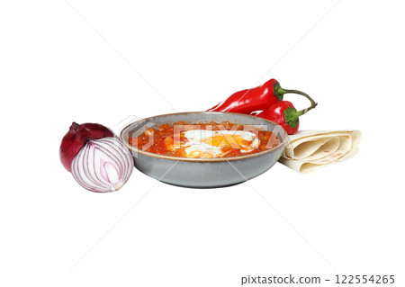 PNG, Shakshuka with fresh onions, isolated on white background PNG, Shakshuka with fresh onions, isolated on white background 122554265