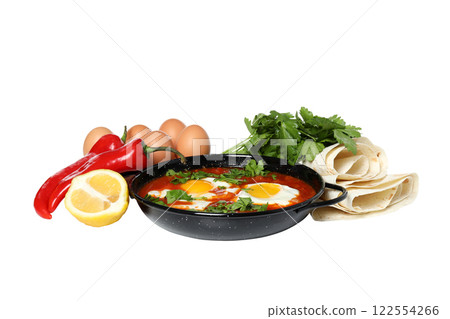 PNG,Shakshuka in a bowl with fresh lemon and pepper, isolated on white background PNG,Shakshuka in a bowl with fresh lemon and pepper, isolated on white background 122554266