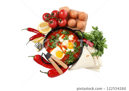 PNG, Shakshuka with fresh tomatoes and eggs, isolated on white background 122554268