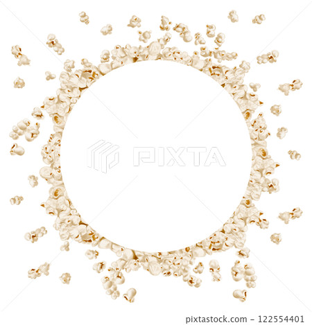 round frame of flying popcorn. The crispy snack flies in different directions. Watercolor illustration without background. For menus, advertising, postcards and food packaging. homemade corn.  122554401
