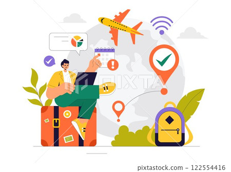 Digital Nomad Lifestyle Vector Illustration Featuring People Working Remotely While Traveling and Enjoying a Holiday in a Flat Style Background Digital Nomad Lifestyle Vector Illustration Featuring People Working Remotely While Traveling and Enjoying a Holiday in a Flat Style Background 122554416