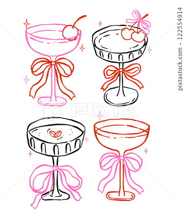 Set of Whimsical Martini Glasses with Bow and cherries Heart Outline Playful Hand Drawn Groovy Retro Set of Whimsical Martini Glasses with Bow and cherries Heart Outline Playful Hand Drawn Groovy Retro 122554914