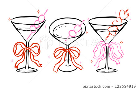 Whimsical Martini Glasses with Bow and olive Outline Hand Drawn Groovy Retro Playful Style set Whimsical Martini Glasses with Bow and olive Outline Hand Drawn Groovy Retro Playful Style set 122554919