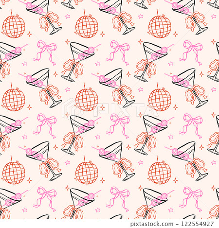 Whimsical Seamless Pattern Disco Ball and Martini Glass with Bow Hand Drawn Retro Isolated on Background Whimsical Seamless Pattern Disco Ball and Martini Glass with Bow Hand Drawn Retro Isolated on Background 122554927