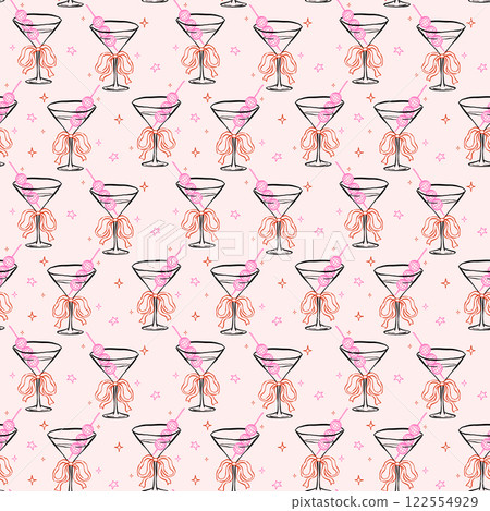 Whimsical Seamless Pattern Martini Glass with Bow and Disco Ball Olive Hand Drawn Retro Isolated on Background Whimsical Seamless Pattern Martini Glass with Bow and Disco Ball Olive Hand Drawn Retro Isolated on Background 122554929