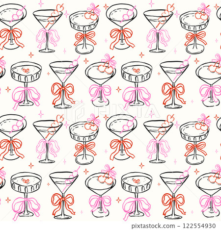 Whimsical Seamless Valentine Cocktail drink Glass with Bow Hand Drawn Retro Isolated on Background 122554930