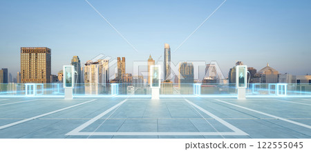 Electric vehicle charging station parking with bangkok city skyline in background 122555045