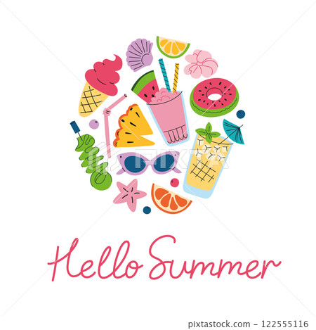 Summer greeting card with tropical drinks, fruits, ice cream, sunglasses, and beach elements. Vectr illustrations of cocktails. Bright and cheerful flat design with Hello Summer hand written text 122555116