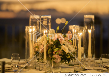 Wedding bouquet of pink flowers. wedding table decor. festive table setting. festive table decoration. Wedding bouquet of pink flowers. wedding table decor. festive table setting. festive table decoration. 122555199