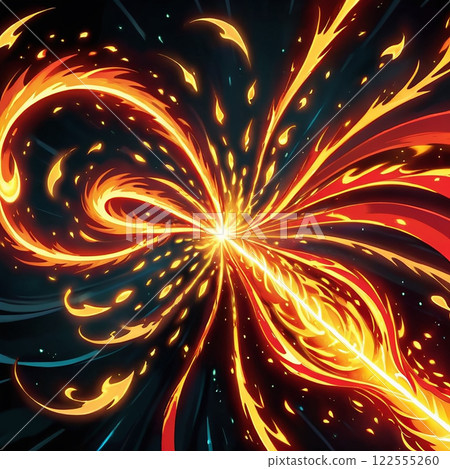 A digital illustration of an intense fiery explosion with flaming wings and sparks against a dark background. The explosion appears to be emanating from a glowing center, with flames swirling 122555260