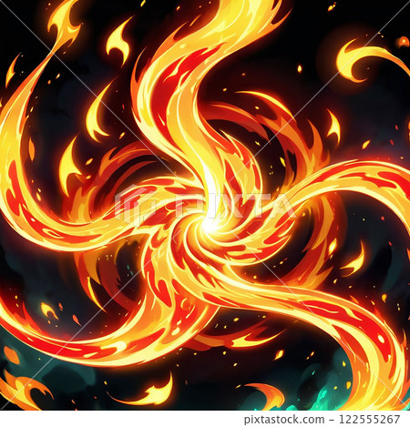 A digital illustration of an intense fiery explosion with flaming wings and sparks against a dark background. The explosion appears to be emanating from a glowing center, with flames swirling 122555267