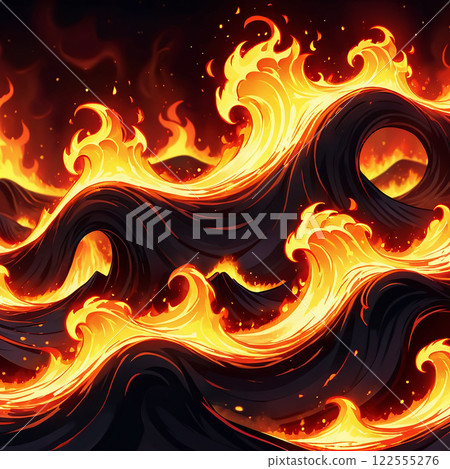 A digital illustration of an intense fiery explosion with flaming wings and sparks against a dark background. The explosion appears to be emanating from a glowing center, with flames swirling 122555276