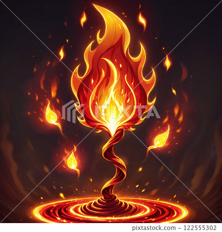 A digital illustration of an intense fiery explosion with flaming wings and sparks against a dark background. The explosion appears to be emanating from a glowing center, with flames swirling 122555302