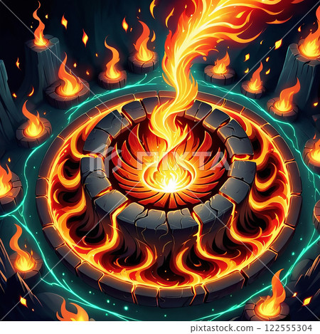 A digital illustration of an intense fiery explosion with flaming wings and sparks against a dark background. The explosion appears to be emanating from a glowing center, with flames swirling A digital illustration of an intense fiery explosion with flaming wings and sparks against a dark background. The explosion appears to be emanating from a glowing center, with flames swirling 122555304