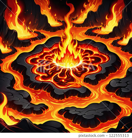 A digital illustration of an intense fiery explosion with flaming wings and sparks against a dark background. The explosion appears to be emanating from a glowing center, with flames swirling 122555313