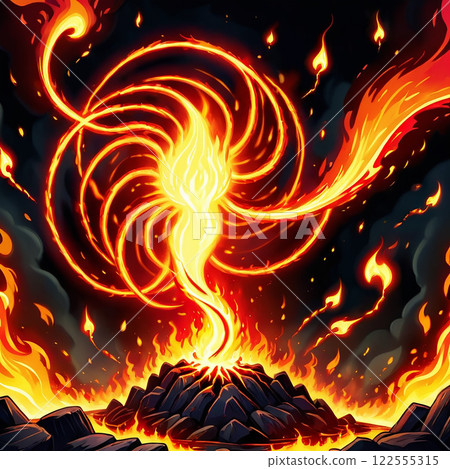 A digital illustration of an intense fiery explosion with flaming wings and sparks against a dark background. The explosion appears to be emanating from a glowing center, with flames swirling A digital illustration of an intense fiery explosion with flaming wings and sparks against a dark background. The explosion appears to be emanating from a glowing center, with flames swirling 122555315