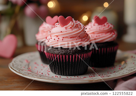 Chocolate cupcakes with heart-shaped toppings Chocolate cupcakes with heart-shaped toppings 122555822