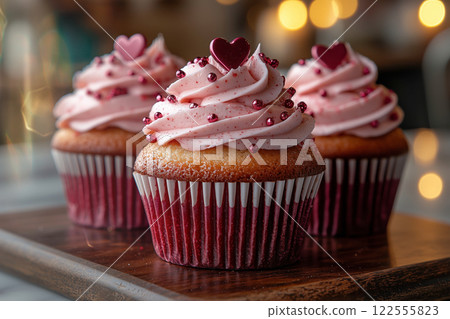 Chocolate cupcakes with heart-shaped toppings 122555823