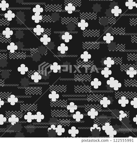A contemporary modern abstract pattern featuring elegant white floral shapes set on a richly textured black background A contemporary modern abstract pattern featuring elegant white floral shapes set on a richly textured black background 122555991