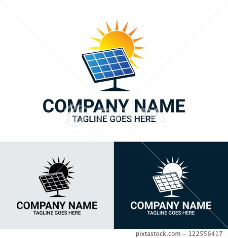 Solar Energy Logo Design Template. Solar panel energy with sunlight silhouette vector logo design template. Solar Energy Logo Design Template. Solar panel energy with sunlight silhouette vector logo design template. 122556417