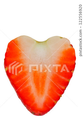 A perfectly sliced strawberry in the shape of a heart, showing its vivid red and white gradient. This could symbolize sweetness and love 122556920