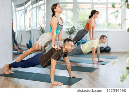 Lovers of active lifestyle perform pair yoga double upward facing dog in gym Lovers of active lifestyle perform pair yoga double upward facing dog in gym 122556968
