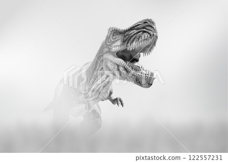Dinosaur comes out of the fog on a light background Dinosaur comes out of the fog on a light background 122557231