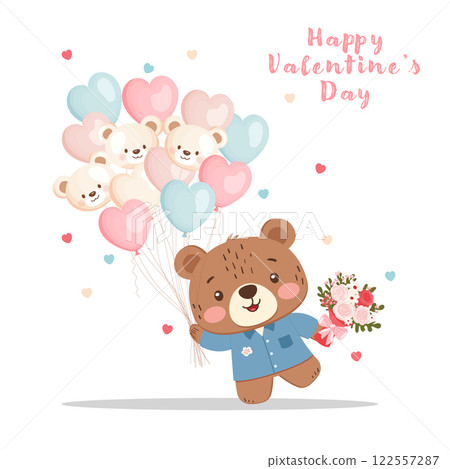 Teddy bear with bouquet and balloons illustration, isolated on white background 122557287
